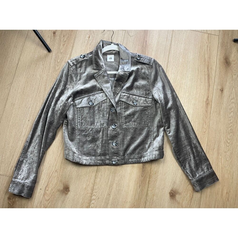 Cabi Size S Gray Velvet Utility Military Jacket Button Front Soft Luxe Style